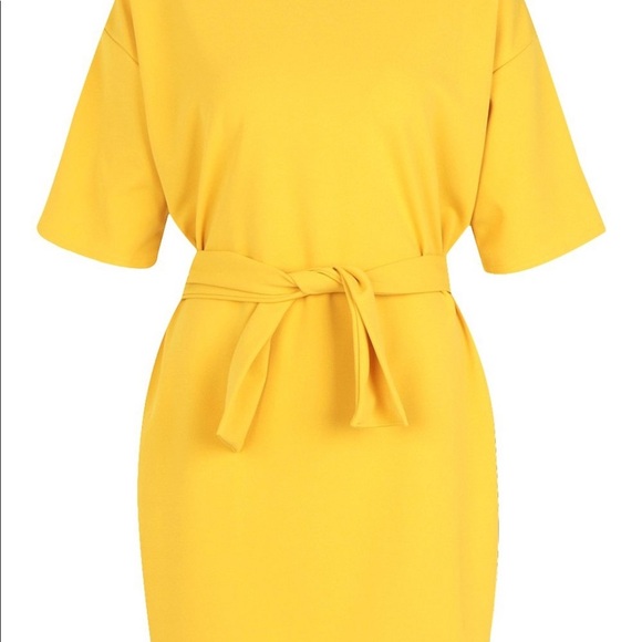 NWT BOOHOO Structured Tie Waist Dress With Scoop Neck Mustard Yellow Size 4 - Picture 3 of 12
